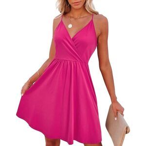 VOTEPRETTY  Pink V-Neck Spaghetti Strap Swing Sundress with Pockets Sz S